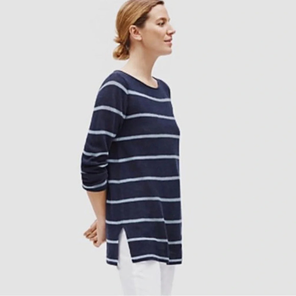 EILEEN FISHER Midnight Blue Striped Alpaca Blend Knit Sweater - Picture 1 of 9